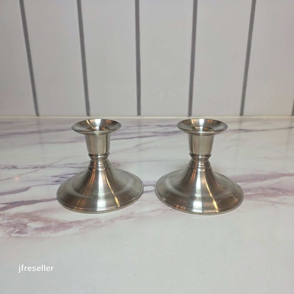 VTG Amos '96 NS Pewter Candlestick Holders Set of 2 Trumpet Taper 3.25 Inch
